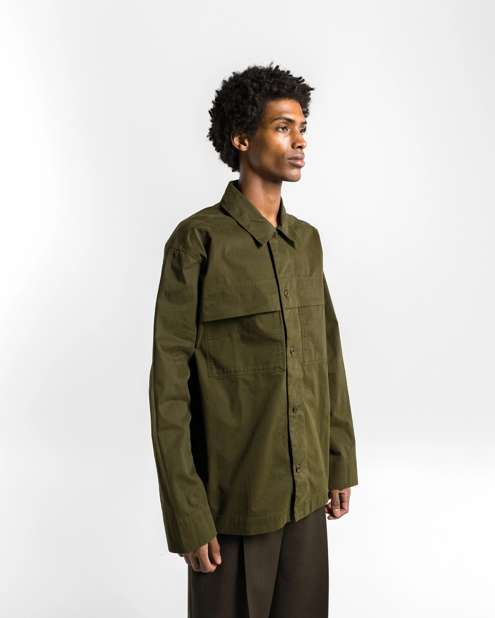 Storm Flap Shirt - Seaweed Brushed Cotton Twill Contrast Stitch Smart Casual
