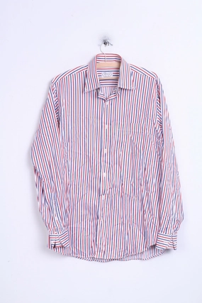 STORM Mens L Casual Shirt Striped White Cotton Button Down Collar Wardrobe Must-Have Holiday Special
