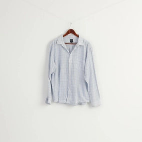 Holiday Style Timeless elegance James Pringle Men XL Casual Shirt White Blue Check Cotton Long Sleeve Top