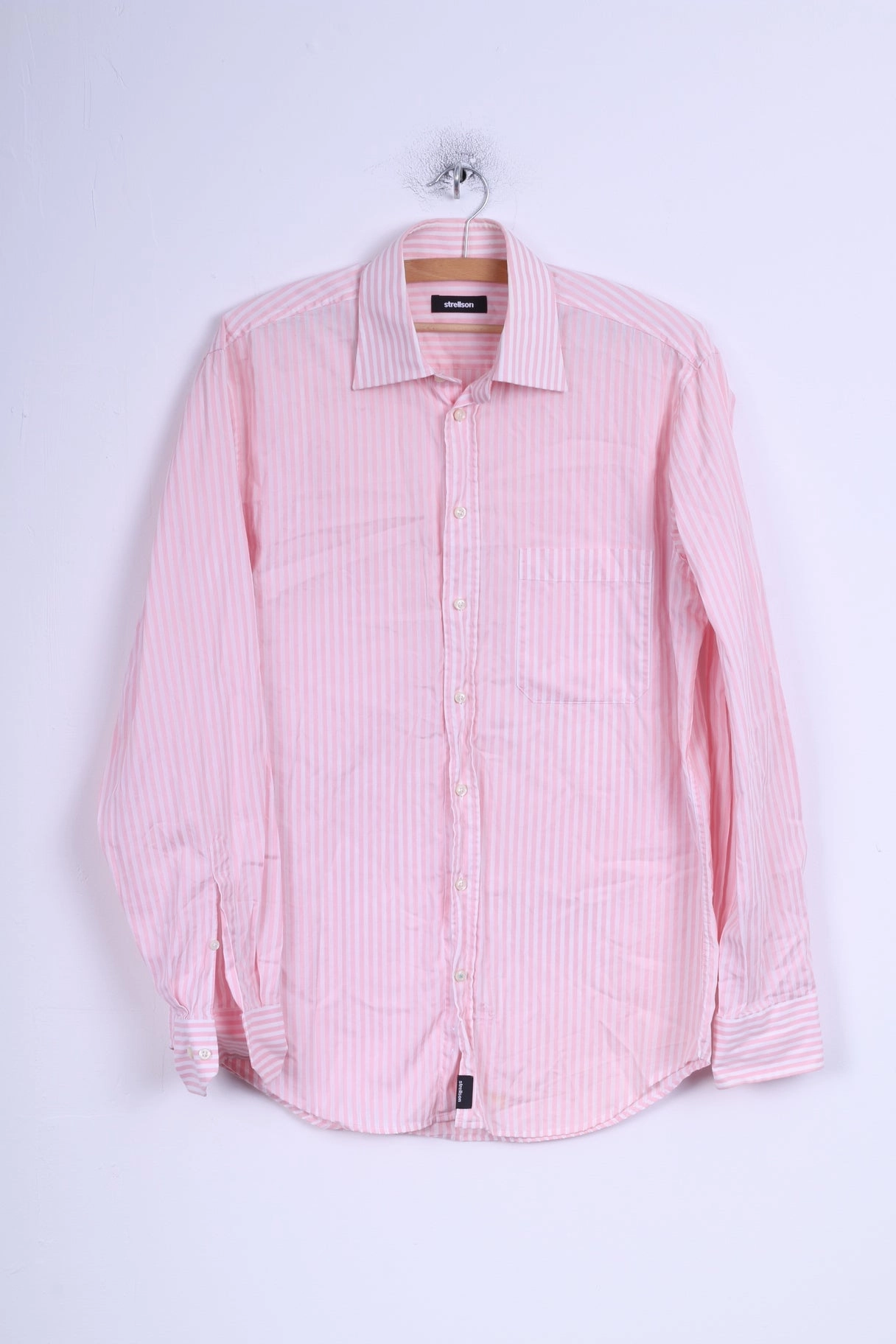Strellson Mens 40 15 3/4 S Casual Shirt Cotton Pink Striped Long Sleeve Geometric Pattern Compact Fold Design