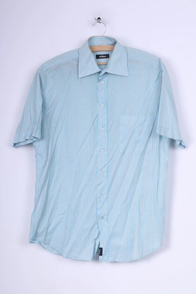 Strellson Mens L 40 15.5 Casual Shirt Blue Striped Cotton Short Sleeve Stretchy Cloth