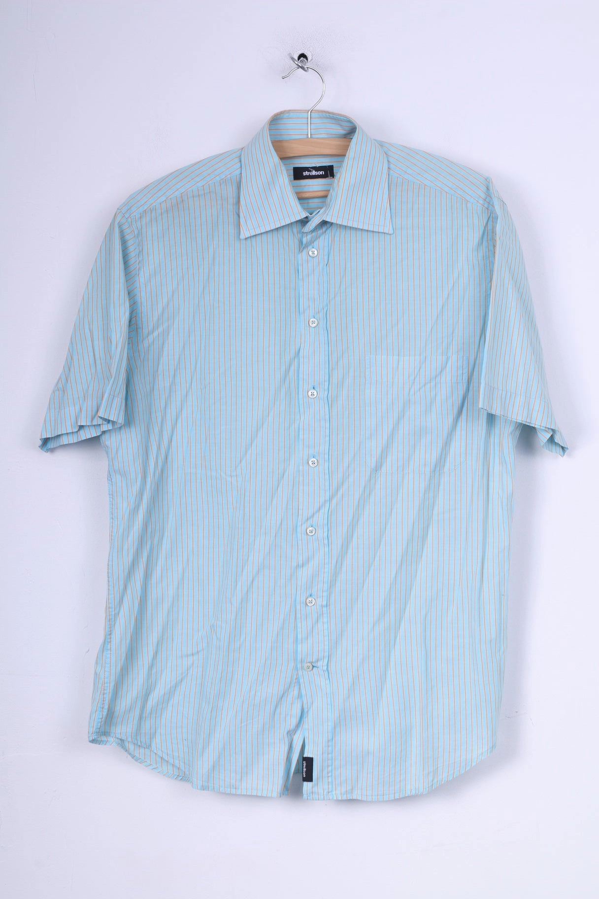 Strellson Mens L 40 15.5 Casual Shirt Blue Striped Cotton Short Sleeve Stretchy Cloth