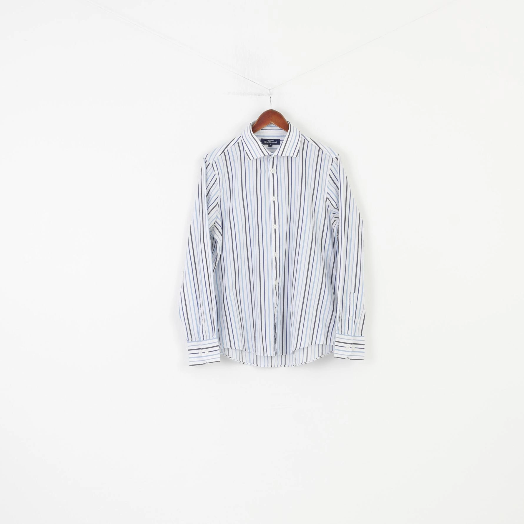 Quick Dry Construction Relaxed Style Ben Sherman Men L Casual Shirt White Blue Striped Collar Long Sleeve Elegant The Original Cotton Top