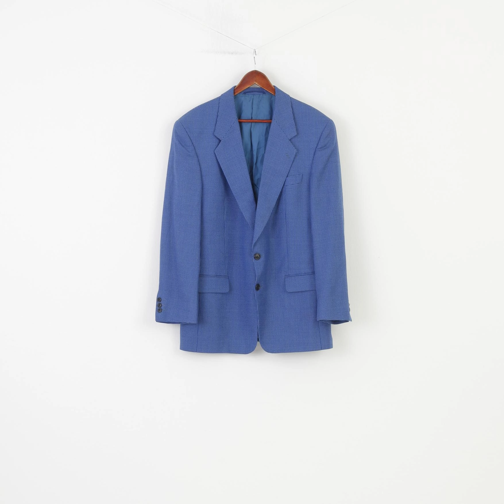 Desch Men 54 44 Blazer Blue Checkered Wool Collar Single Breasted Jacket Top Chill Resistant