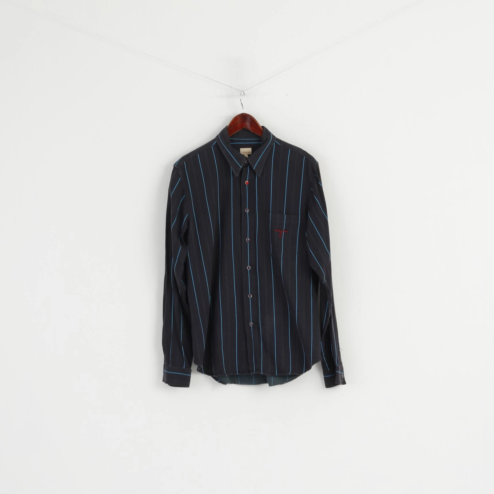 Calvin Klein Jeans Men L Casual Shirt Navy Striped Cotton Popper Buttons Long Sleeve Top Vibrant color