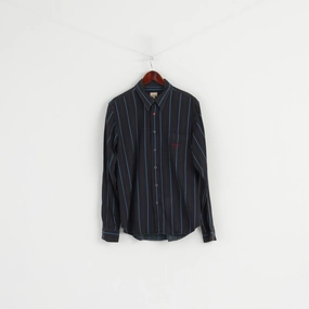 Calvin Klein Jeans Men L Casual Shirt Navy Striped Cotton Popper Buttons Long Sleeve Top Vibrant color
