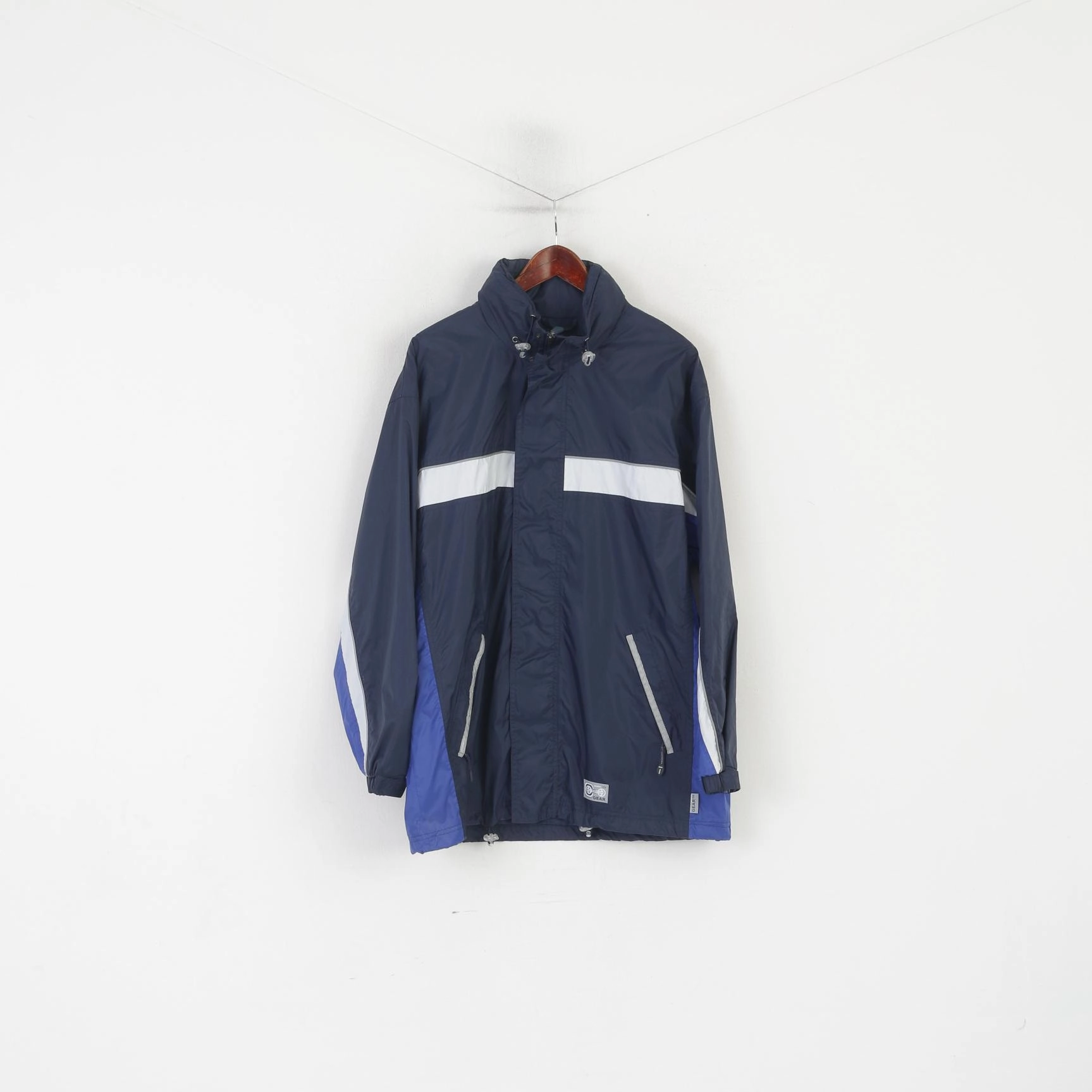 TCM Gear Men M Jacket Navy Nylon Waterproof Reflective Hidden Hood Zip Up Top Fast Zip