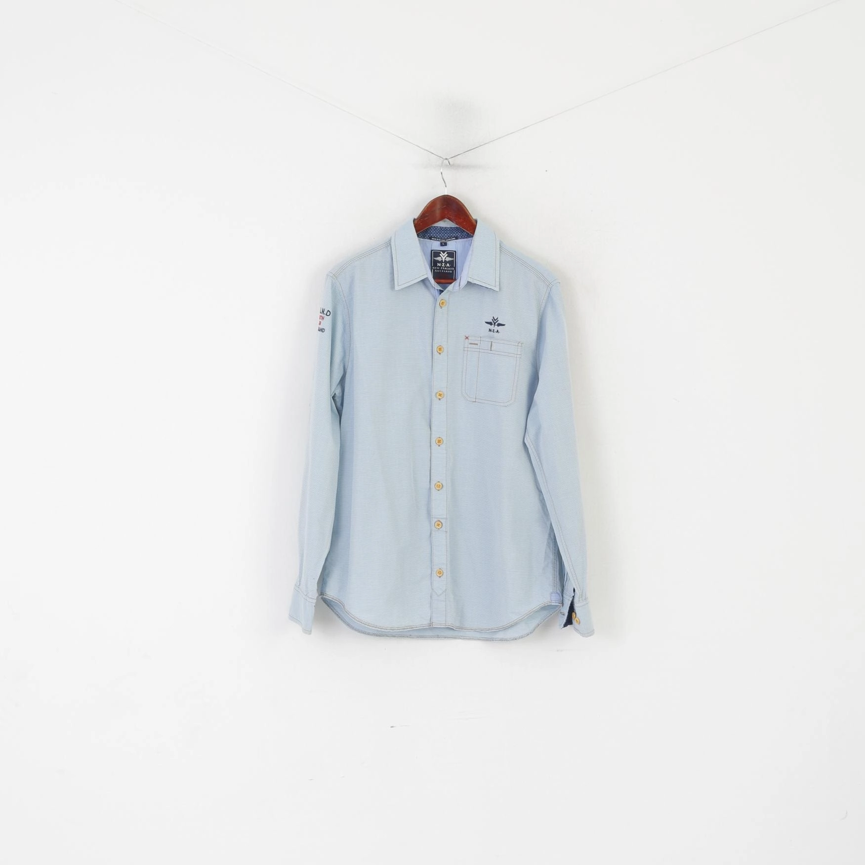 EasyCare Fabric Resort Wear New Zealand Auckland Men L Casual Shirt Blue Cotton Striped Long Sleeve Top