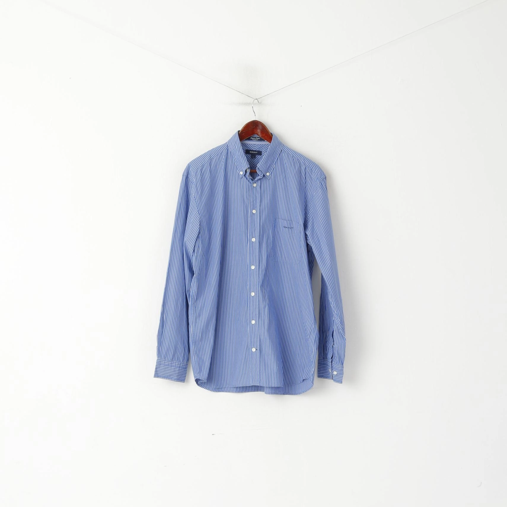 Gant Men L Casual Shirt Blue Striped Coton Epire Poplin Long Sleeve Regular Top Sleek Silhouette Traveler??s Choice