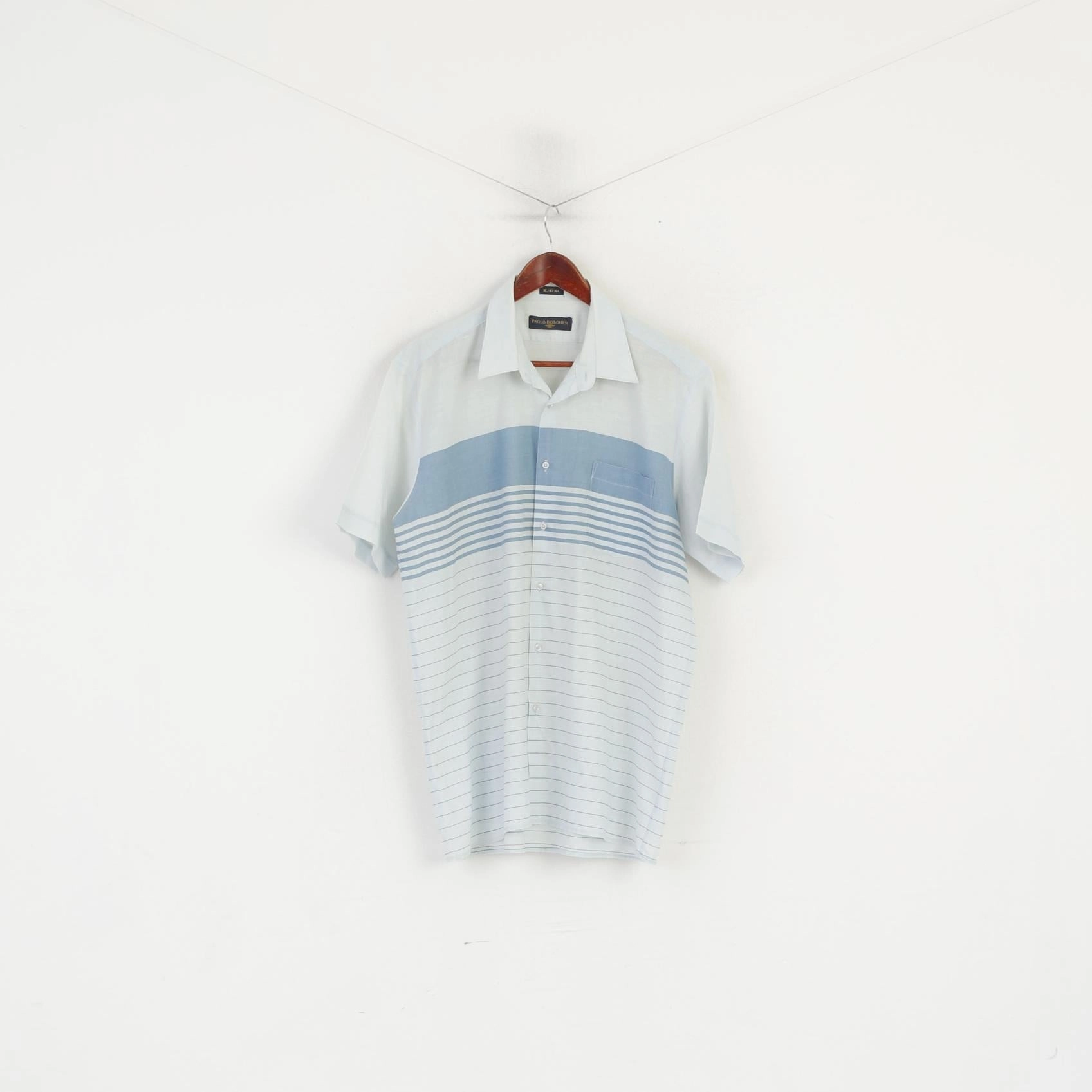 Relaxed Silhouette Social Meetup Paolo Borghesi Men XL Casual Shirt Blue Vintage Cotton Striped Pocket Summer Top