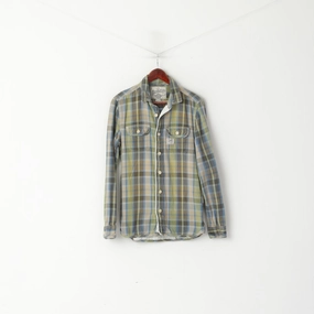 Superdry Men M Casual Shirt Green Checkered Faded Cotton Pocket Long Sleeve Retro Top Sporty Look
