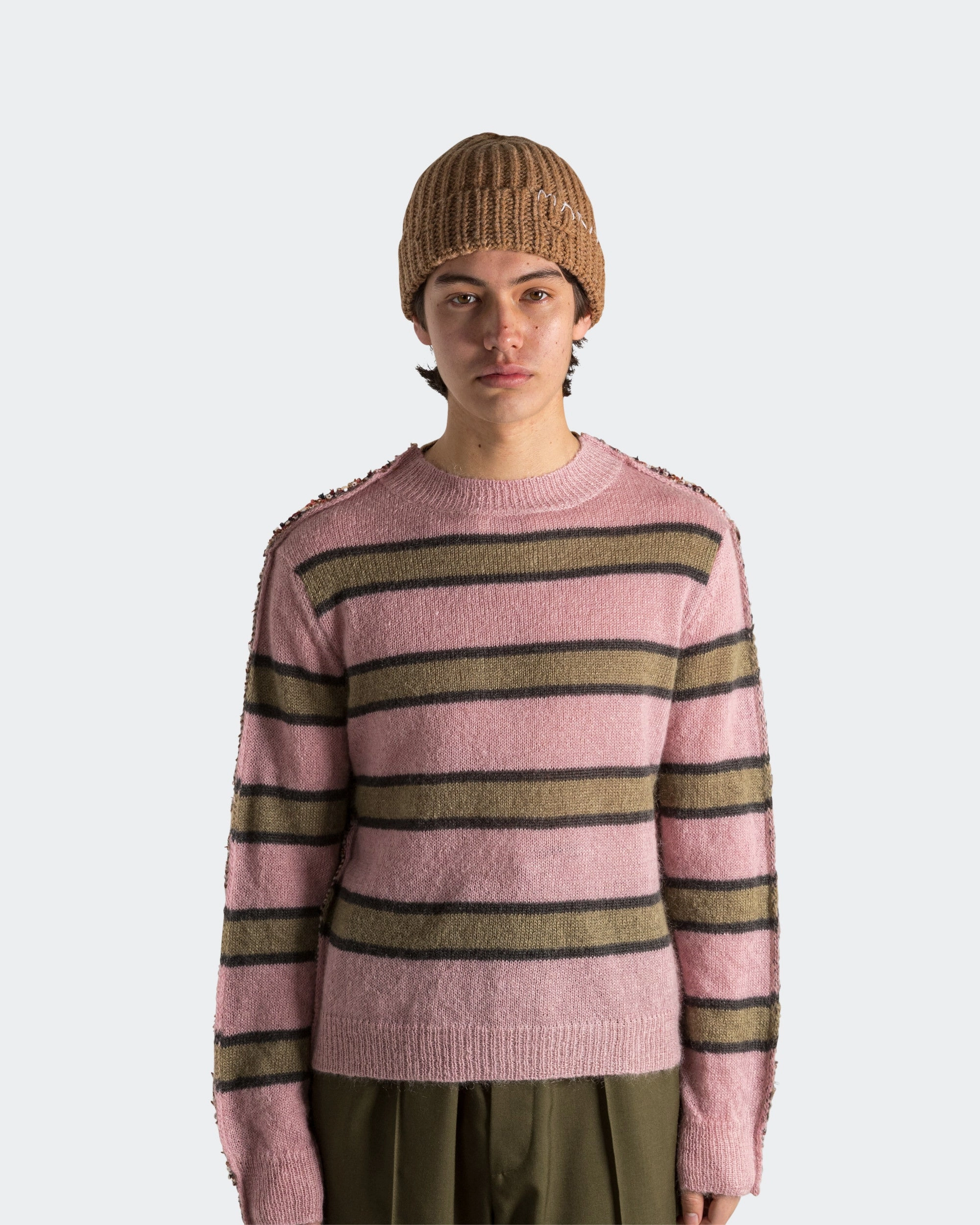 Mixed Stripe Blend Roundneck Sweater - Soft Pink Ribbed Hem Detail