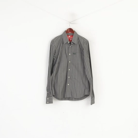 Subtle Print Multi Layer Stitching Superdry Men XL (L) Casual Shirt Grey Cotton Striped Long Sleeve Slim Fit Top