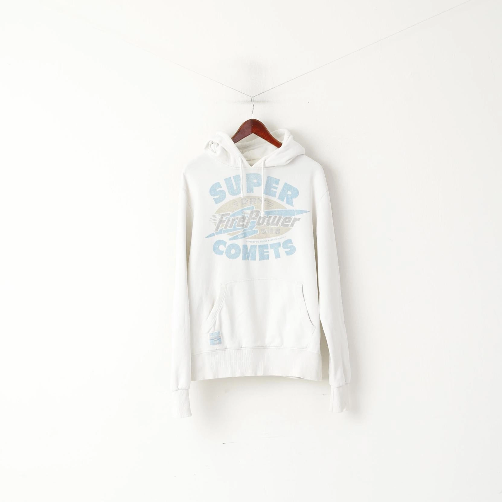 Superdry Men XL Sweatshirt Cream Cotton Hooded Big Logo Power Hoodie Top good for gym sessions