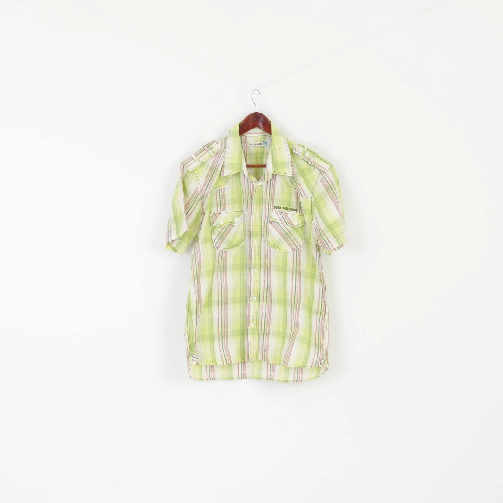 Short Sleeve Duck and Cover Men XL (M) Casual Shirt Green Check Cotton Pockets Short Sleeve Top