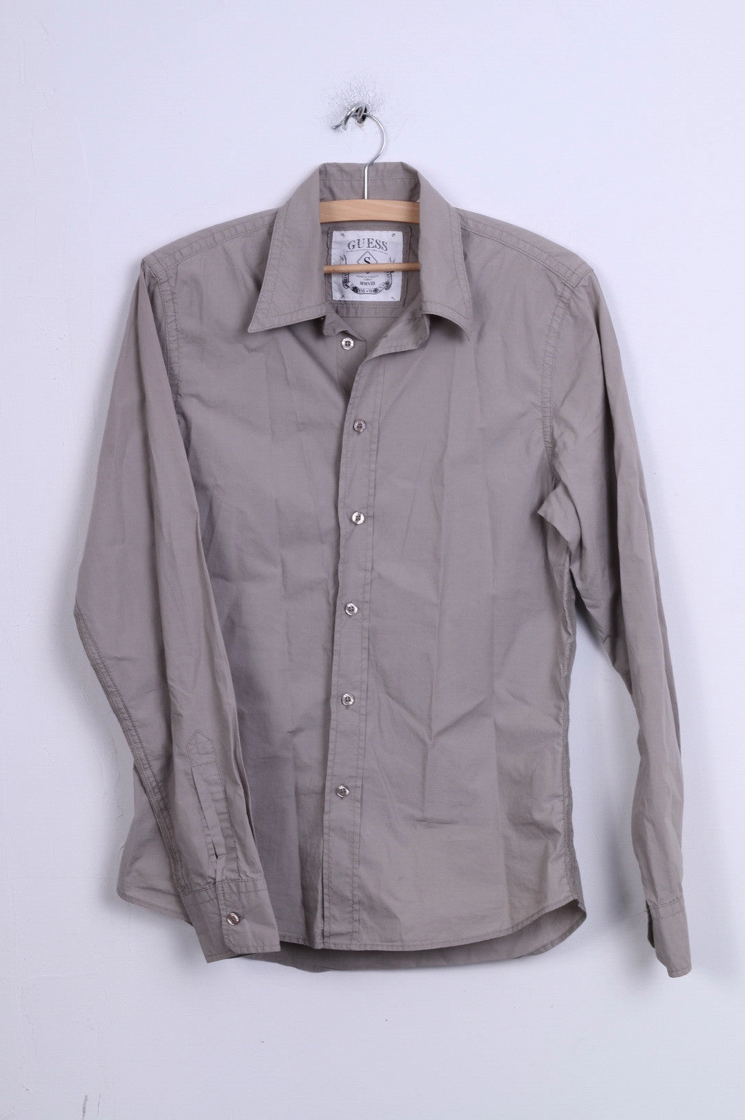 GUESS Mens S Casual Shirt Grey Cotton Long Sleeve Standard Collar Layered Design