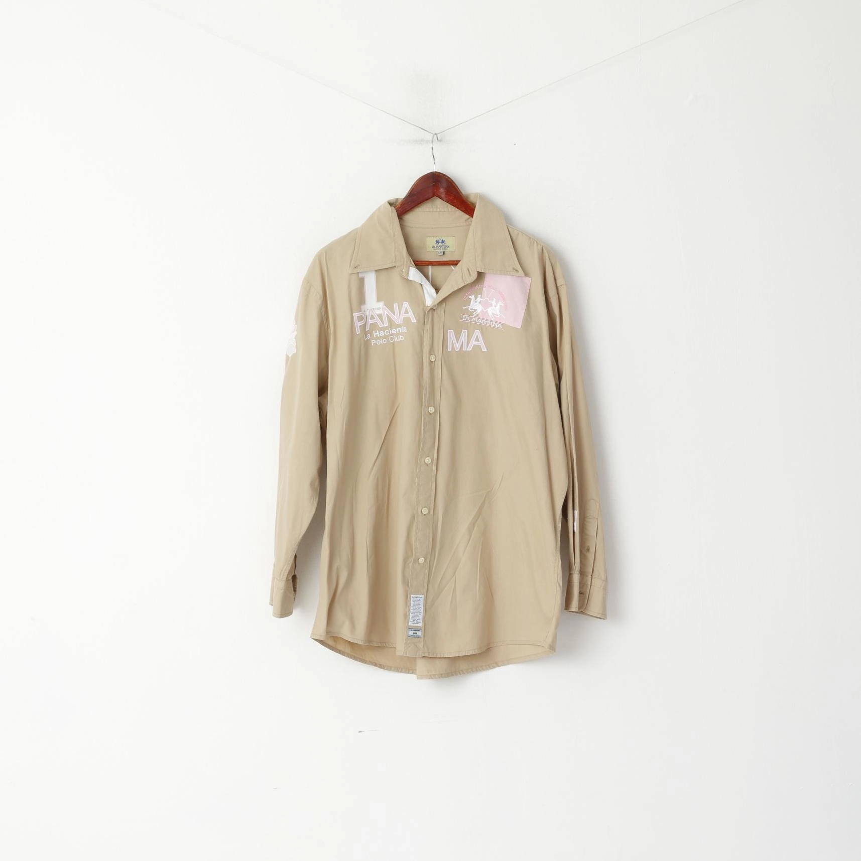 La Martina Men 3XL Casual Shirt Beige Cotton Polo Argentino Pana Polo Club Top high-low hem Functional Wear