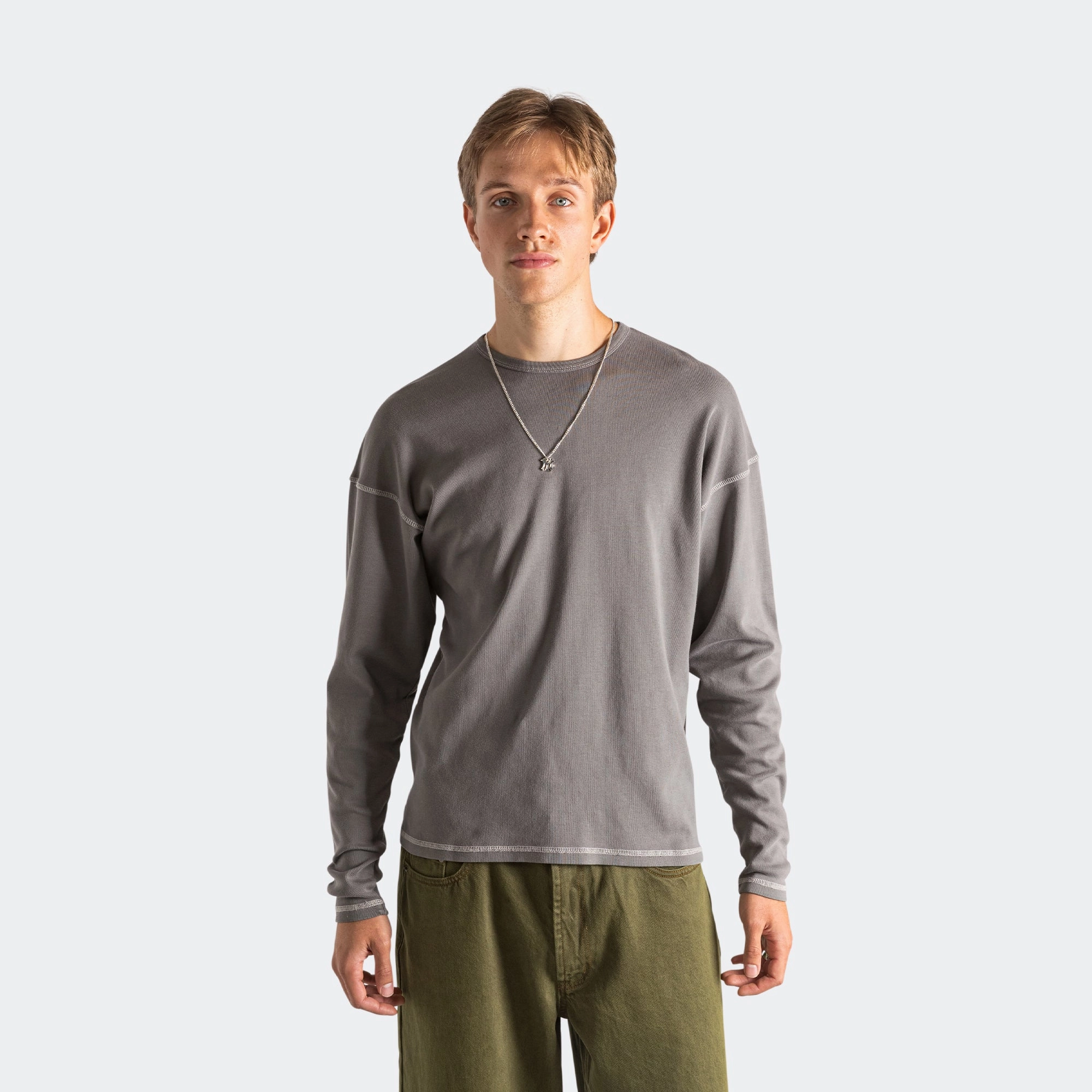 Heavy Rib Knit Long Sleeve Tee - Grey Modern Outfit Travel Outfit