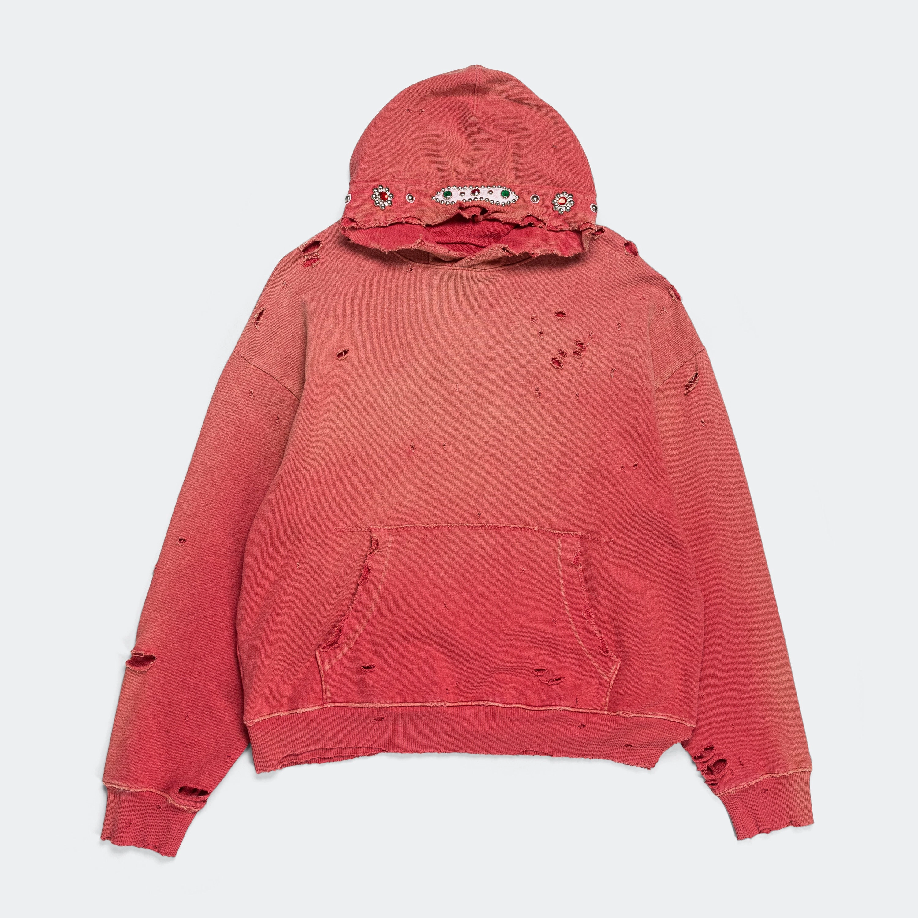 SWT Knit THRILLER Damaged Hoodie (STUDS) - Red Slim Silhouette Urban Chic
