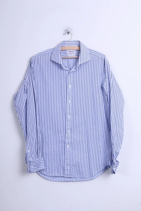 Subtle Print T.M. Lewin Mens 16/35 L Casual Shirt Striped Blue Slim Fit Cotton
