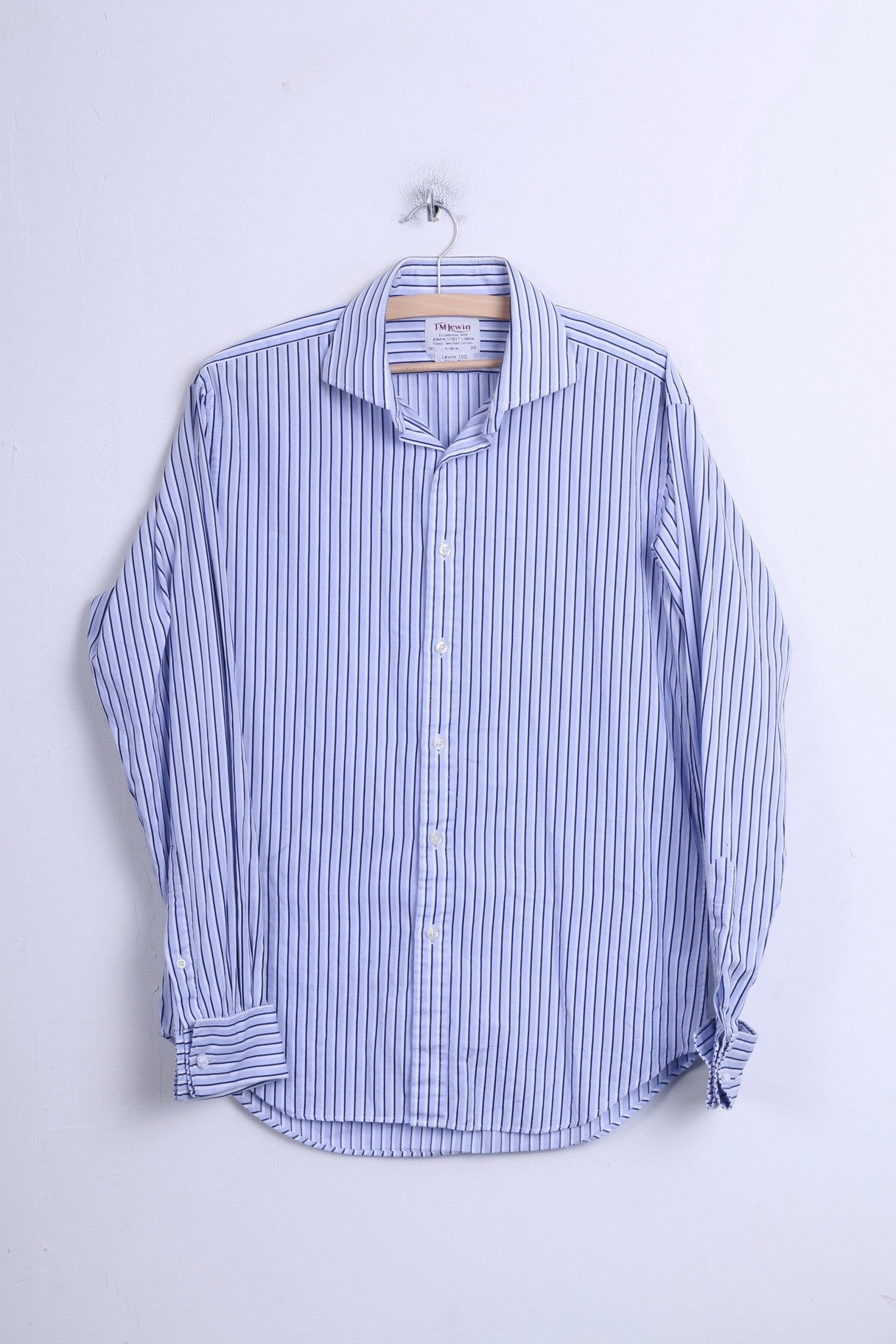 Subtle Print T.M. Lewin Mens 16/35 L Casual Shirt Striped Blue Slim Fit Cotton