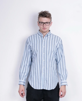 T.M. Lewin Mens L Casual Shirt Striped Blue Classic Fit Cotton Trendy Fashion