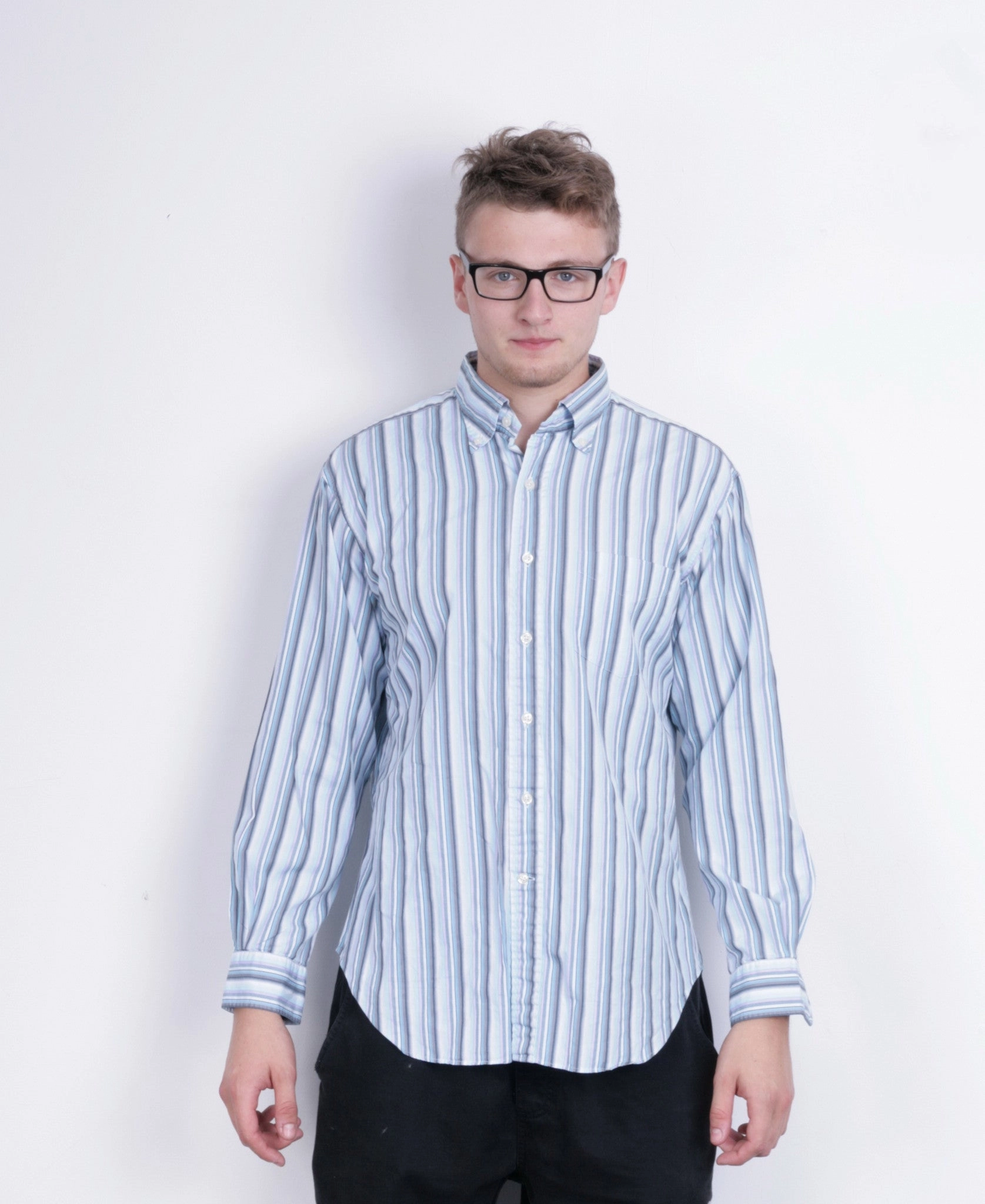 T.M. Lewin Mens L Casual Shirt Striped Blue Classic Fit Cotton Trendy Fashion
