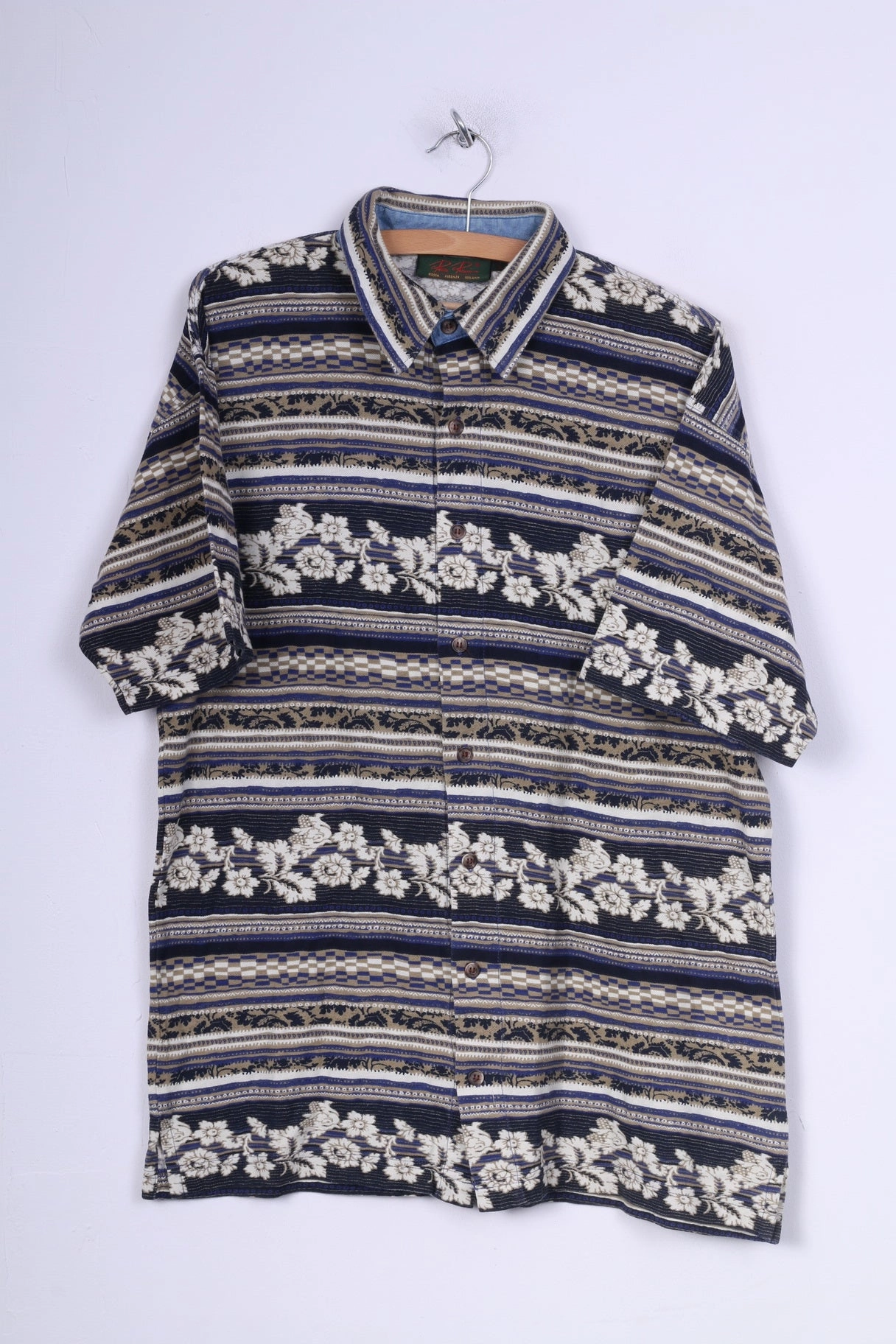 Rian Rucci Mens L Graphic Casual Shirt Short Sleeve Cotton Vintage Eco Dye Technique Multi Pocket Design