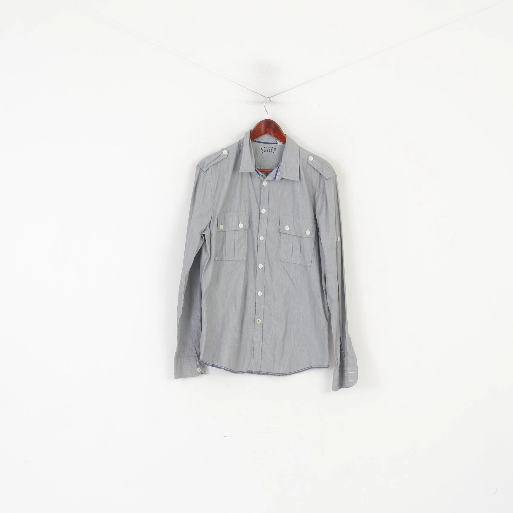 Soviet Men L Casual Shirt Gray Cotton Striped Pocket Slim Fit Long Sleeve Top Lightweight Weave
