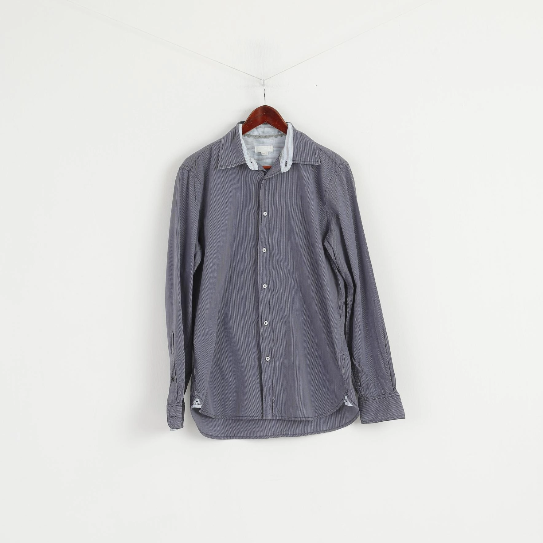 Diesel Men XL (L) Casual Shirt Blue Striped Cotton Long Sleeve Button Down Collar Top Airflow Ventilation System