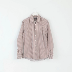 Gym Companion Hugo Boss Mens 42 16.5 L Casual Shirt Brown Striped Cotton Long Sleeve Regualr Top