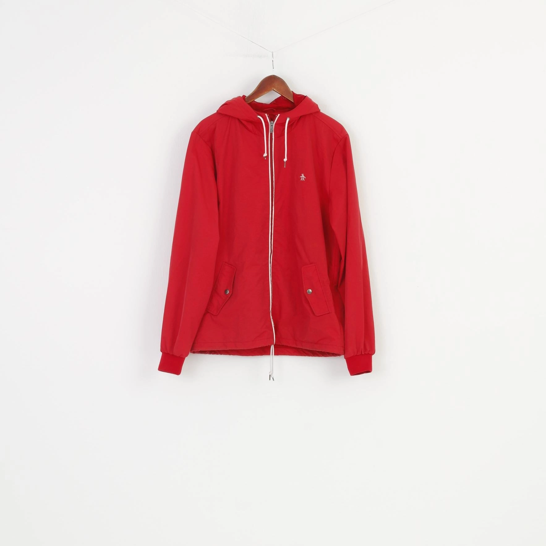 Penguin Men L Jacket Red Nylon Full Zipper Hood Outwear Top Low Profile Fasteners ReflectiveDetailing