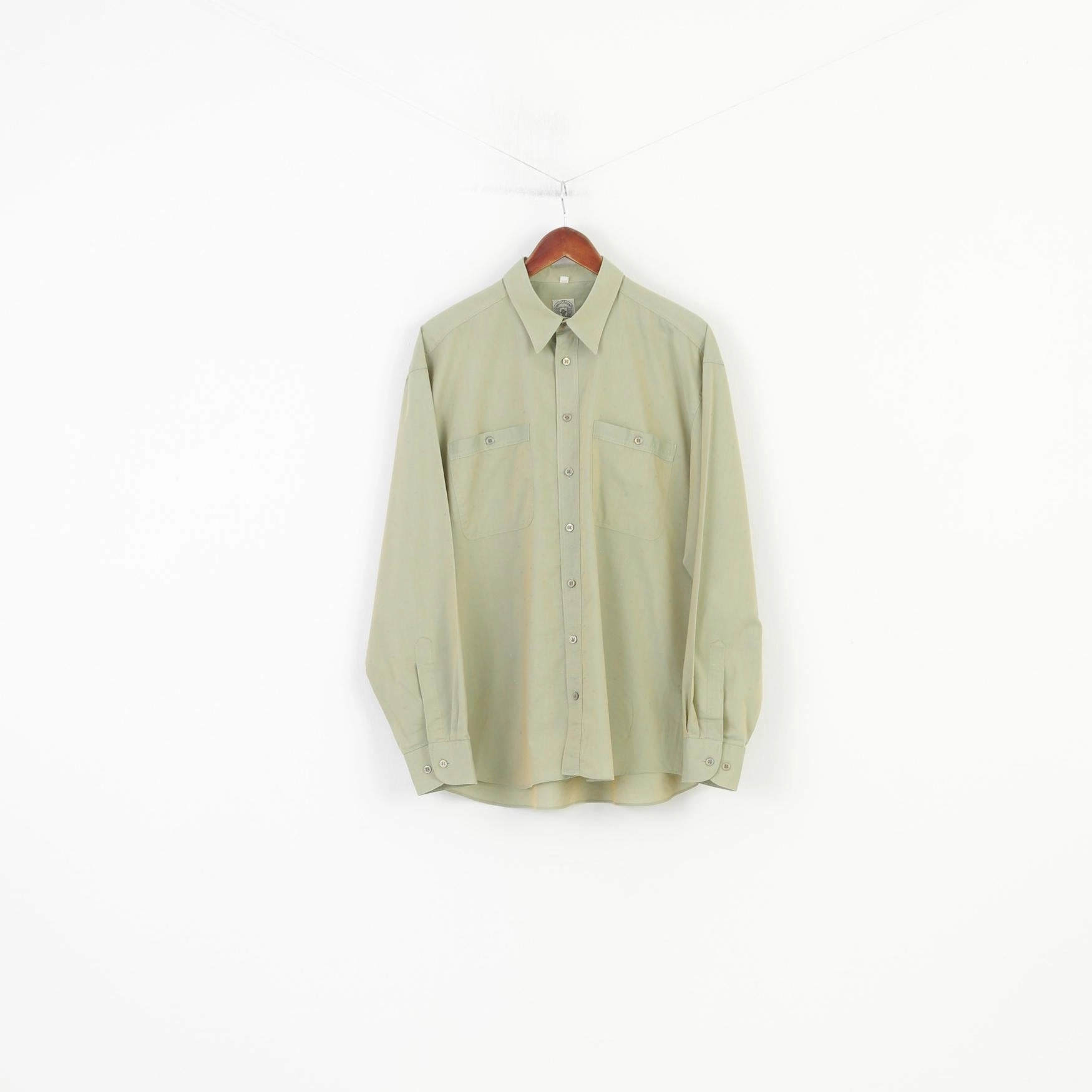 Jean Chatel Men L Casual Shirt Green Cotton Long Sleeve Vintage Long Sleeve Top Versatile Clothing Traveler??s Choice