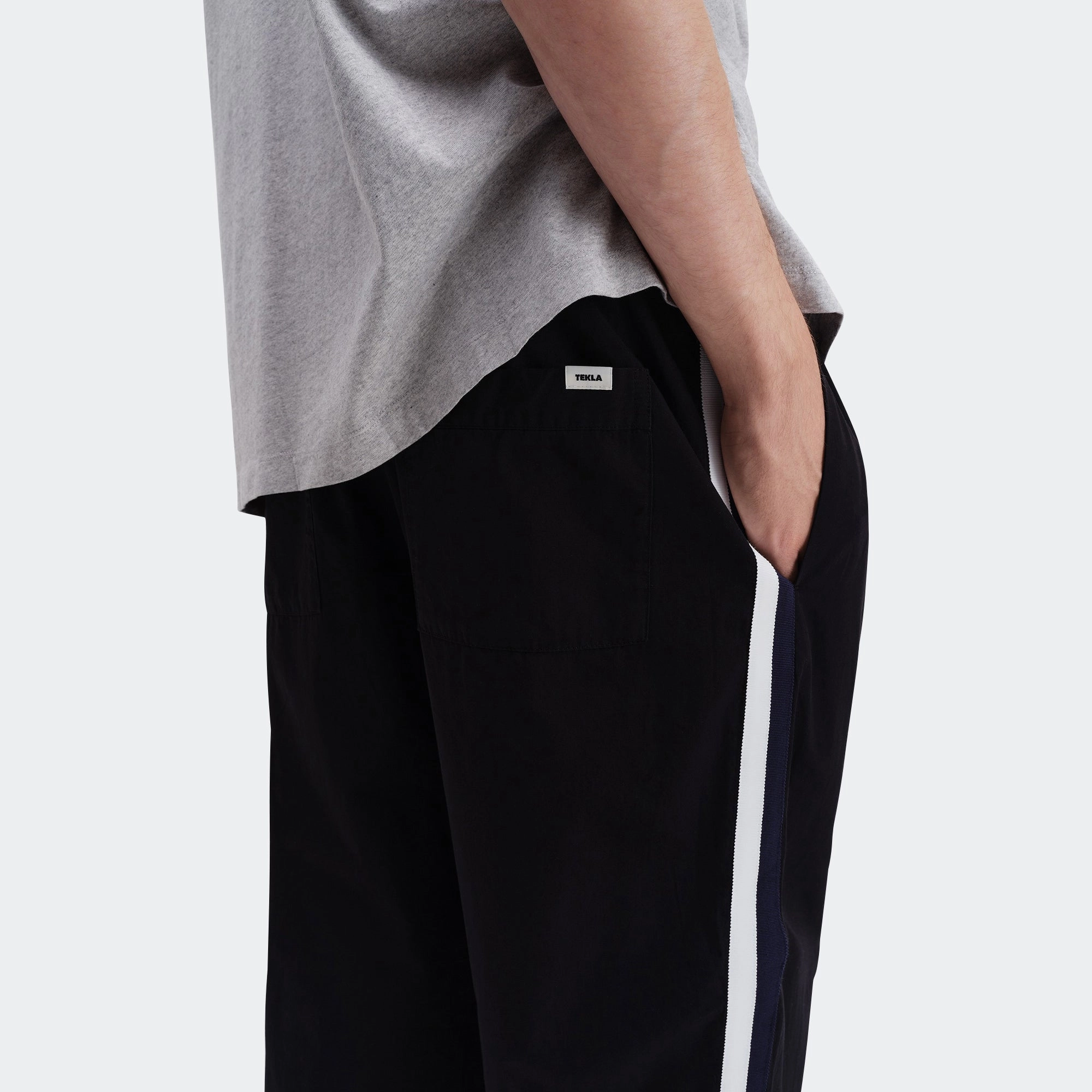 Thermal Lining Pyjama Pants Grosgrain Side Stripe - All Black Cotton Poplin
