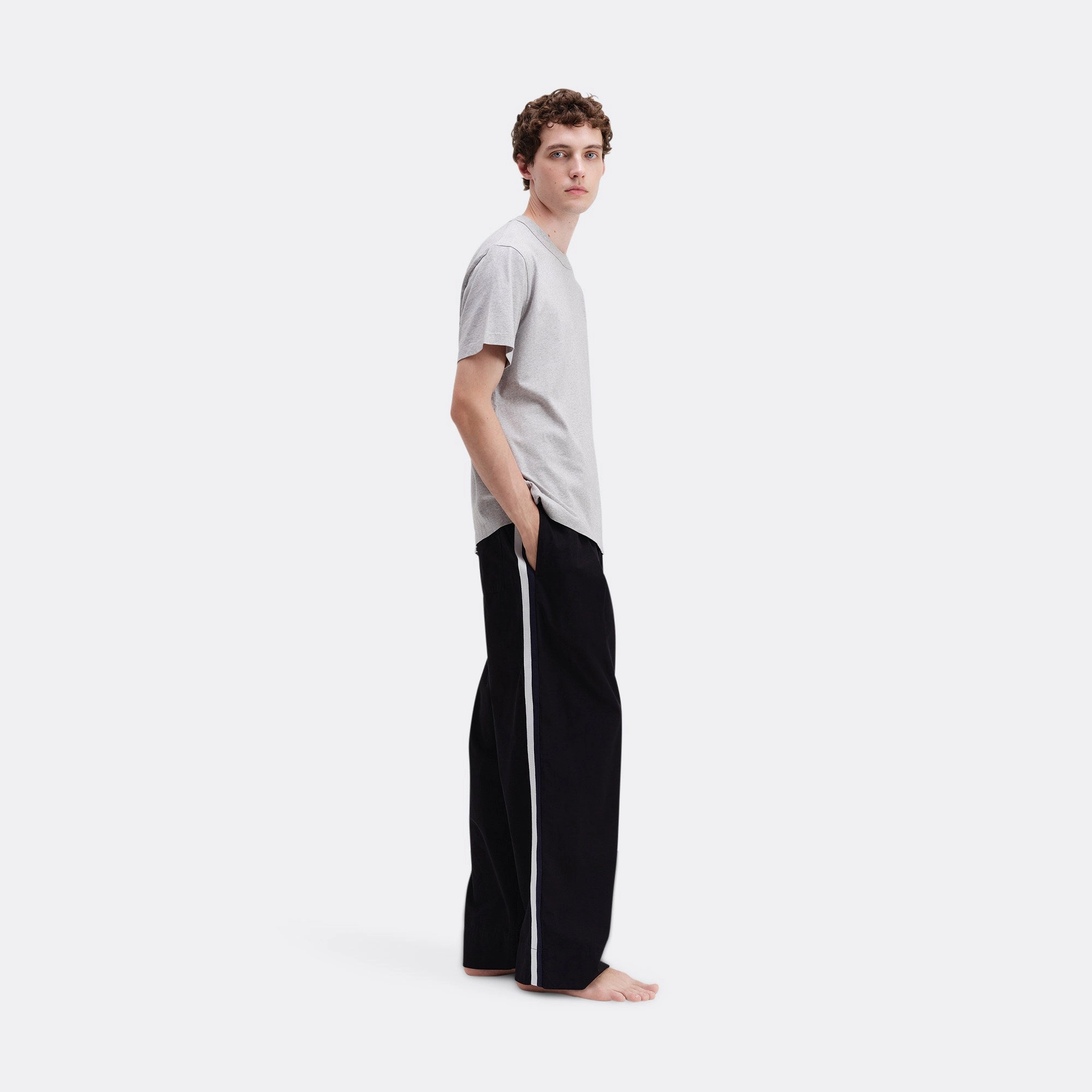 Weekend Wear Cozy and Soft Pyjama Pants Grosgrain Side Stripe - All Black Cotton Poplin