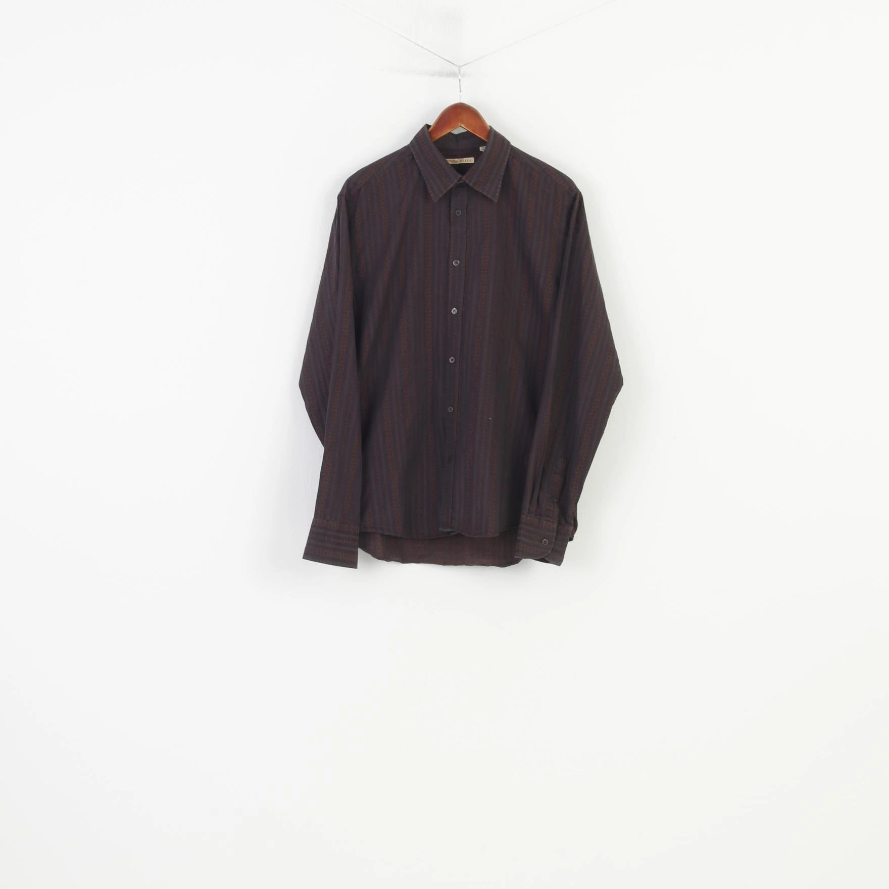 Ted Baker Men 5 L Casual Shirt Brown Cotton Striped Long Sleeve Classic Top Lightweight Construction