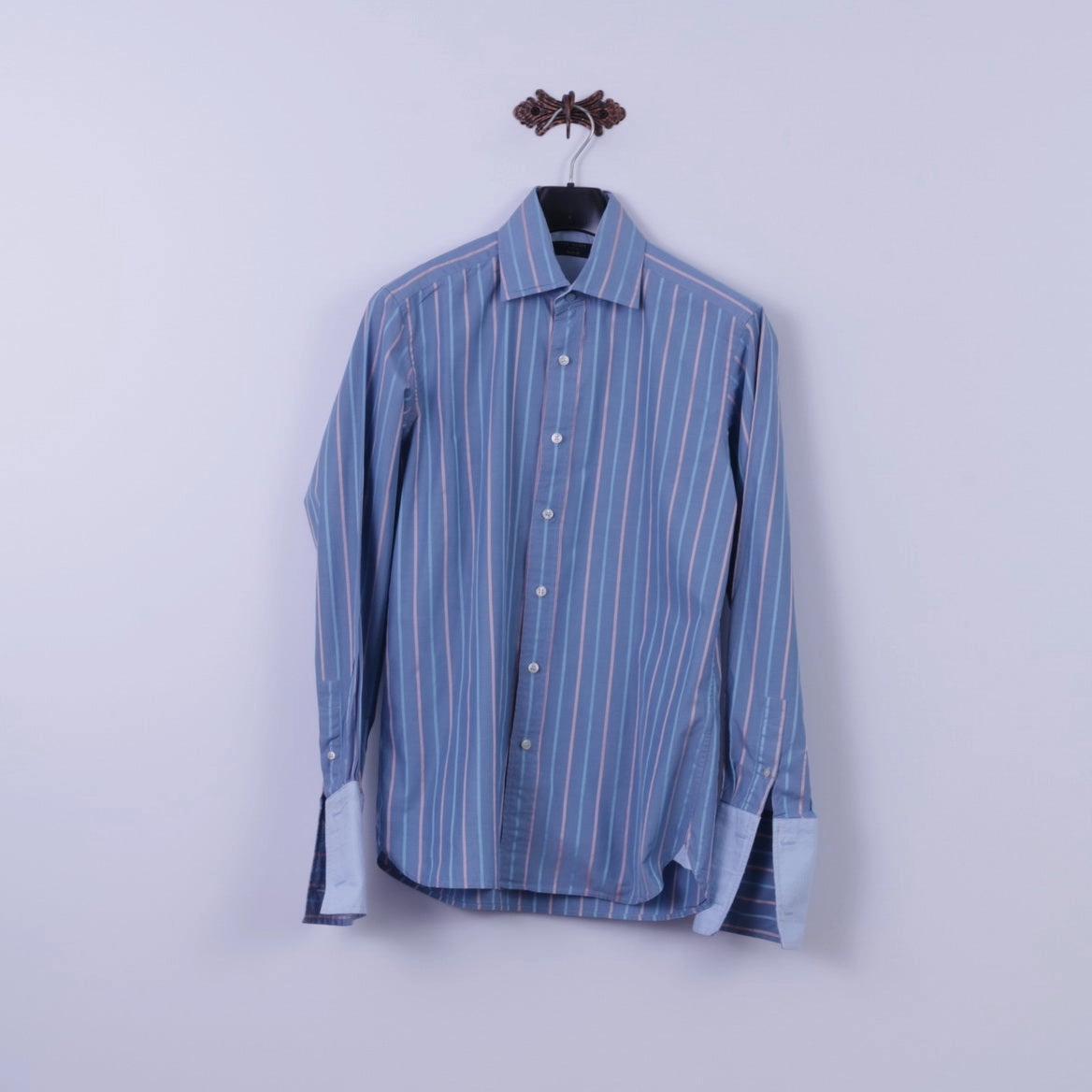 Statement Maker Ted Baker Mens 15.5 S Casual Shirt Blue Striped 100% Cototn Detailed Buttons Cuff Top