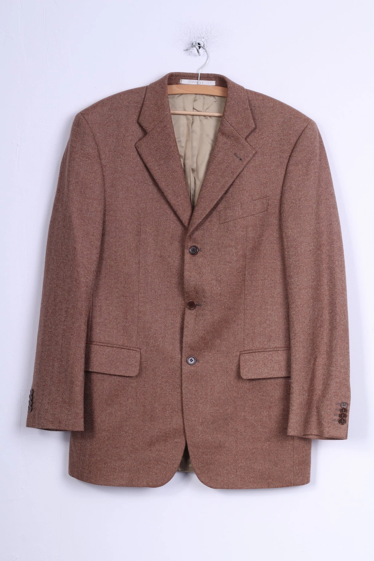 window - shopping Expandable Sleeve Cuffs Feraud Mens 98 M Jacket Brown Wool Herringbone Single Breasted Blazer