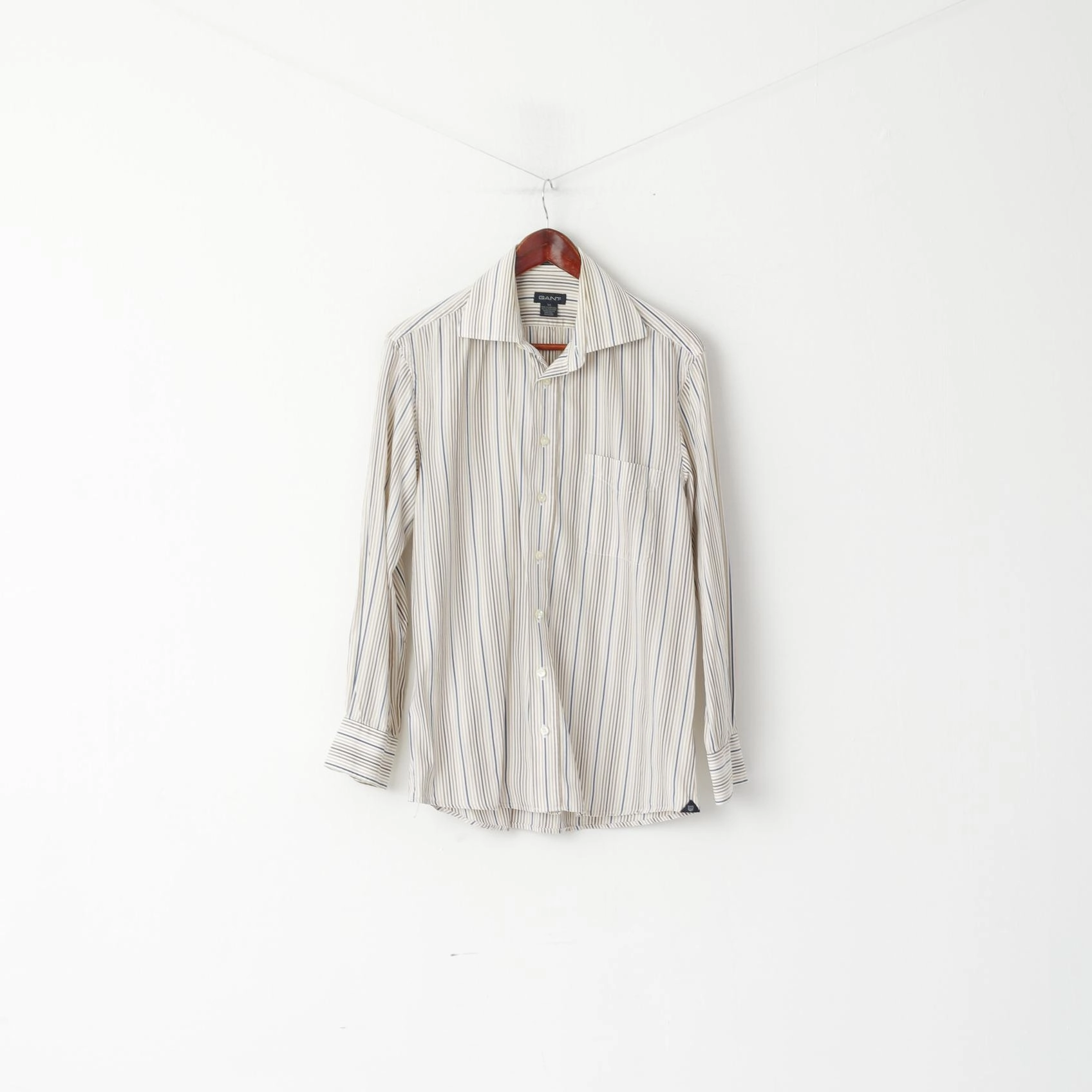 Festival Fashion GANT Men M Casual Shirt Beige Striped 80's Two Ply Poplin Dress Fit Long Sleeve Top