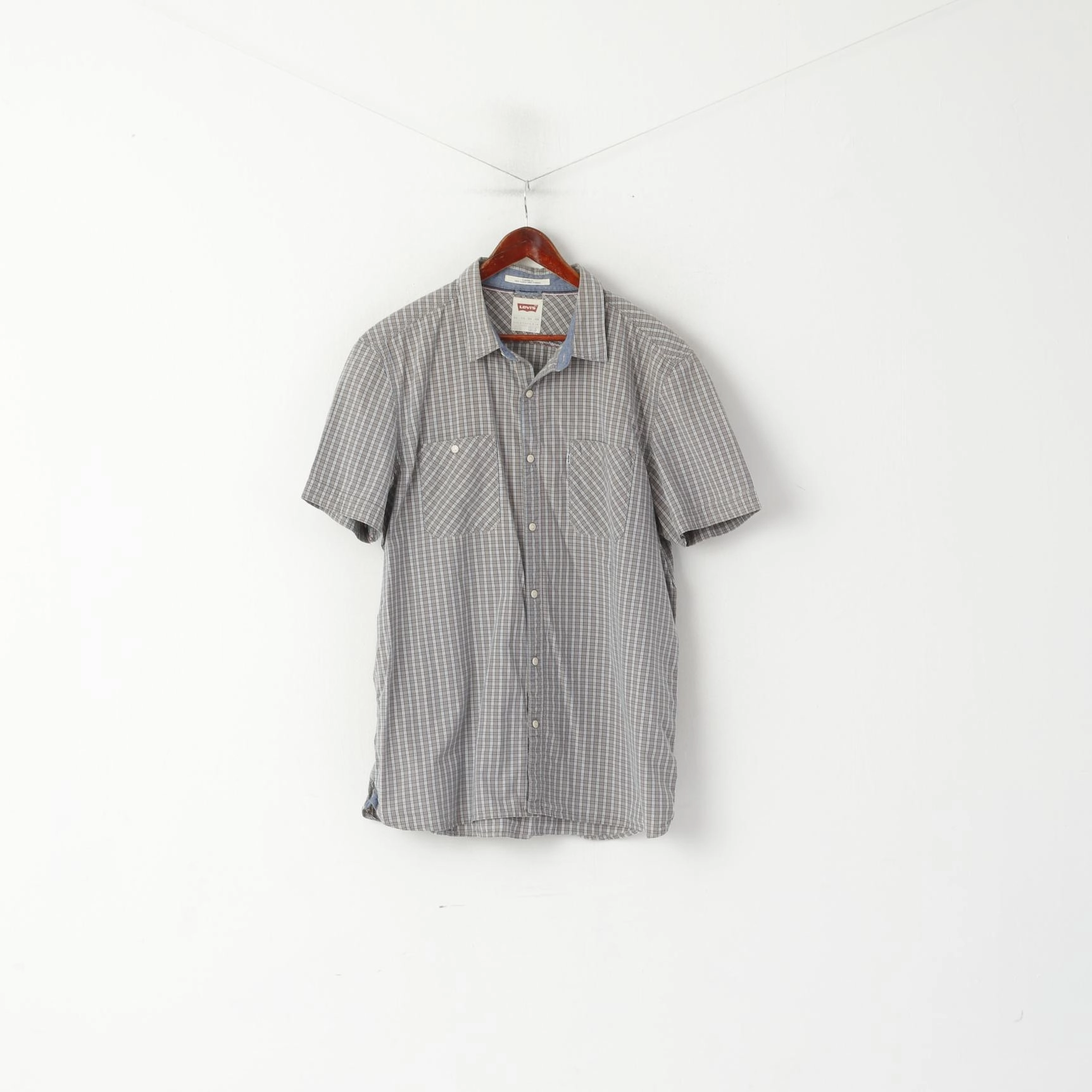 Levi's Men XXL Casual Shirt Gray Blue Checkered Cotton Standard Fit Vintage Top Edgy style