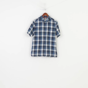 Zip Front The North Face Men M Casual Shirt Checkered Blue Short Sleeve Cotton Classic Top