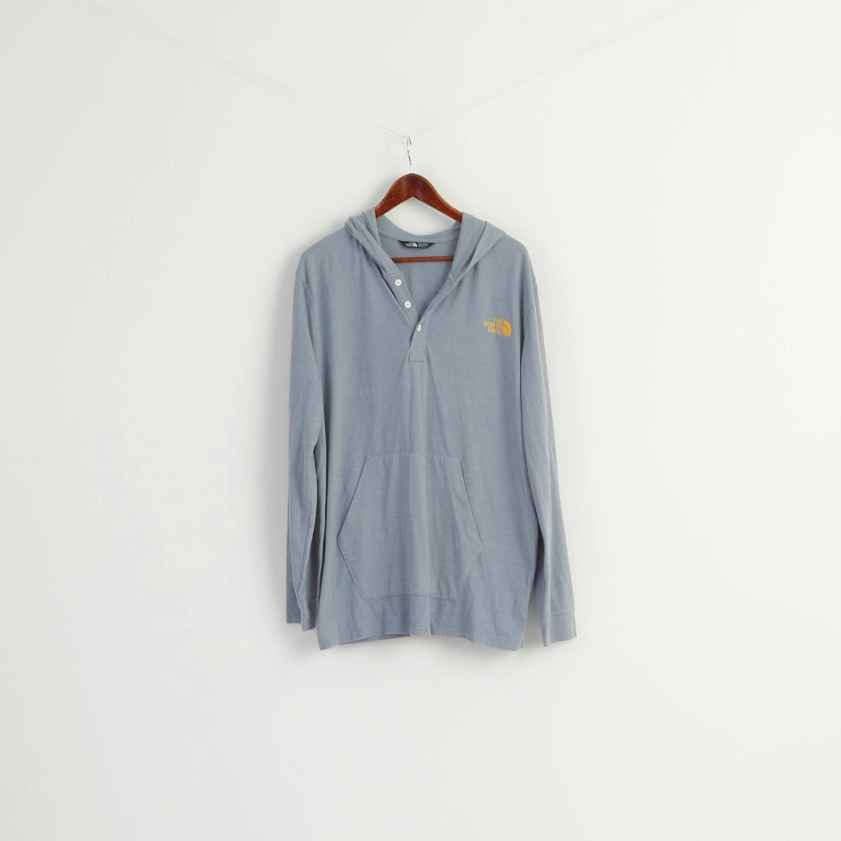 The North face Men XL Shirt Blue Cotton Hooded Long Sleeve Blouse Top Polo Style Double Needle Hemming