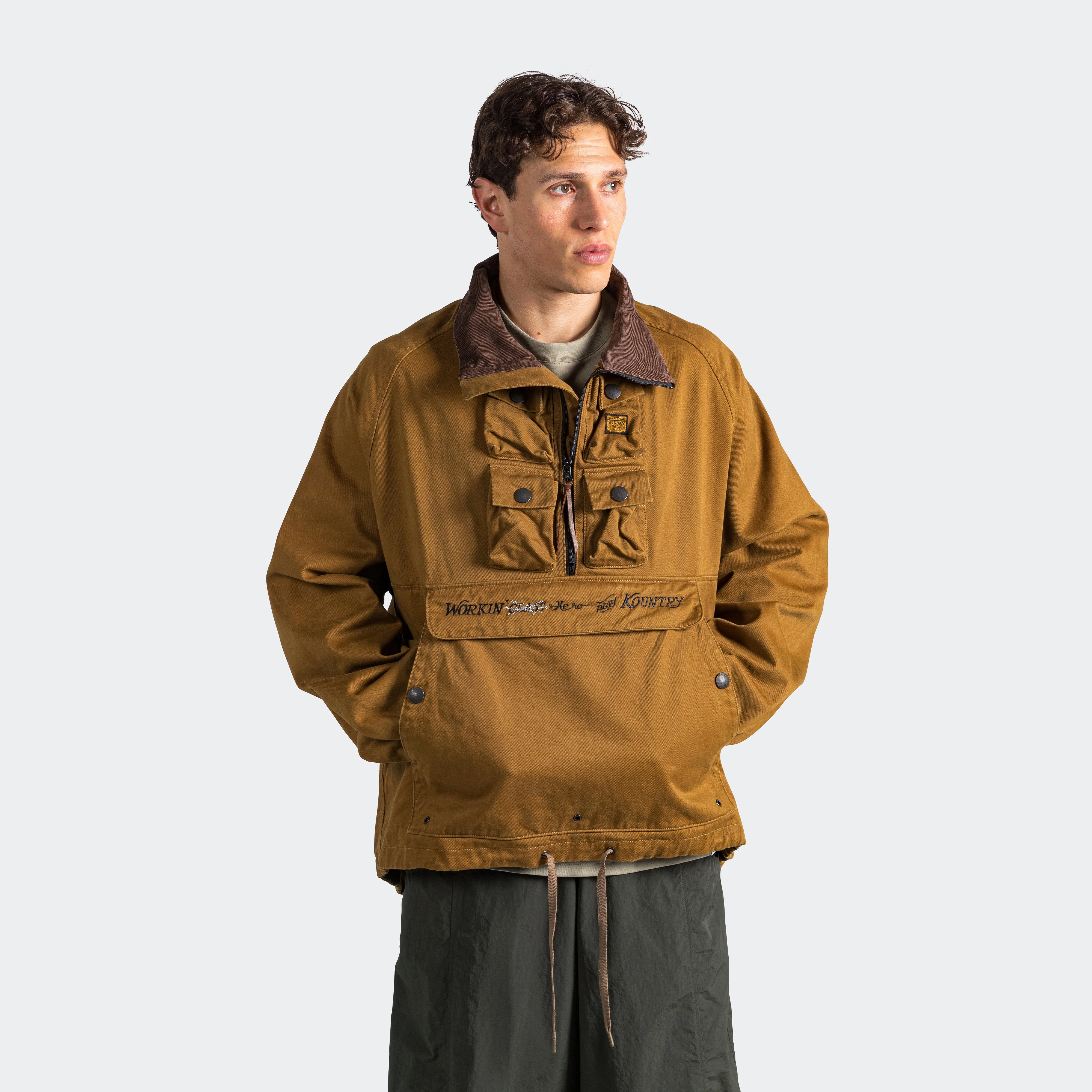 AdjustableDrawstring Non Restrictive Cut Chino NICKLE 6 Anorak(WORKING Embroidery) - Camel/Navy