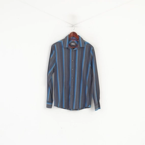 Jeff Banks 24:7 Men M Casual Shirt Blue Brown Cotton Striped Long Sleeve Top Smooth Finish