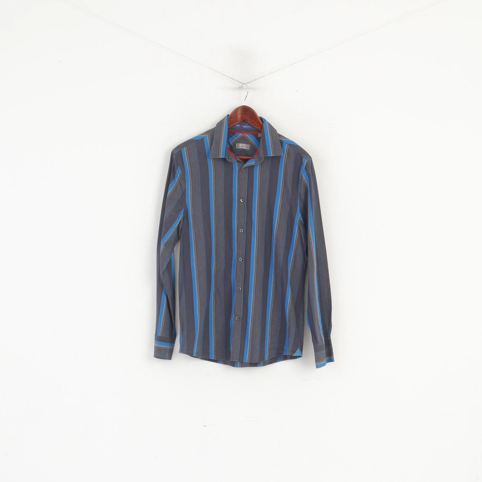 Jeff Banks 24:7 Men M Casual Shirt Blue Brown Cotton Striped Long Sleeve Top Smooth Finish