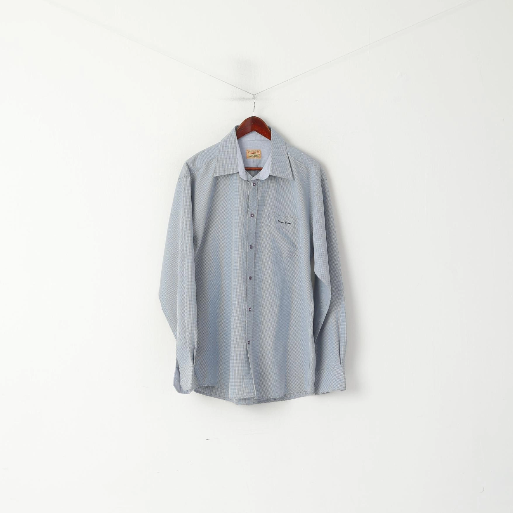 Plus Size Classic Collar Thomas Browne Men XL Casual Shirt Blue Cotton Check Custom Modal Long Sleeve Top