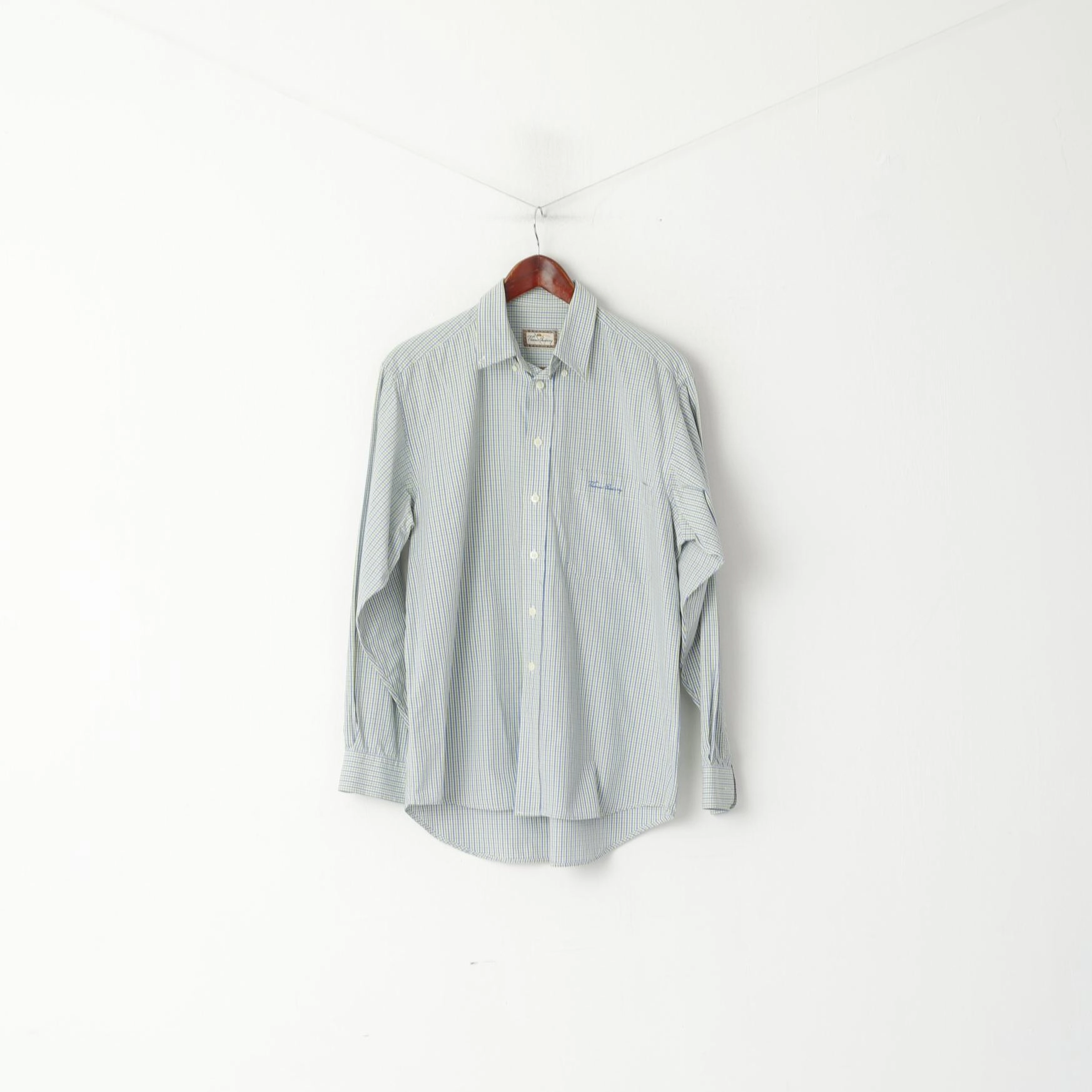 Thomas Burberry Men M Casual Shirt Blue Green Check Cotton Long Sleeve Top Thermoregulating Fabric