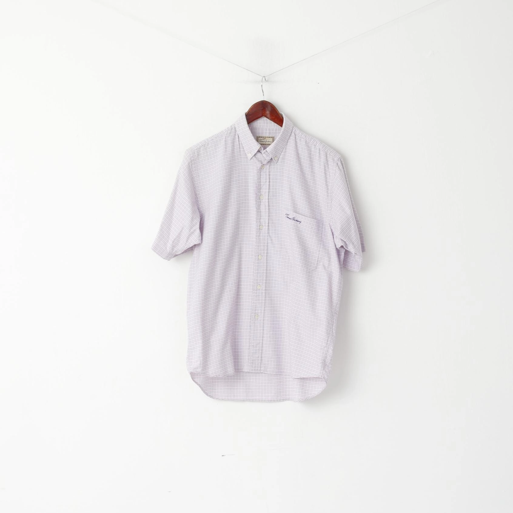 Thomas Burrbery Men M Casual Shirt Pink Check Cotton Short Sleeve Top Thermoregulating Fabric Versatile Style