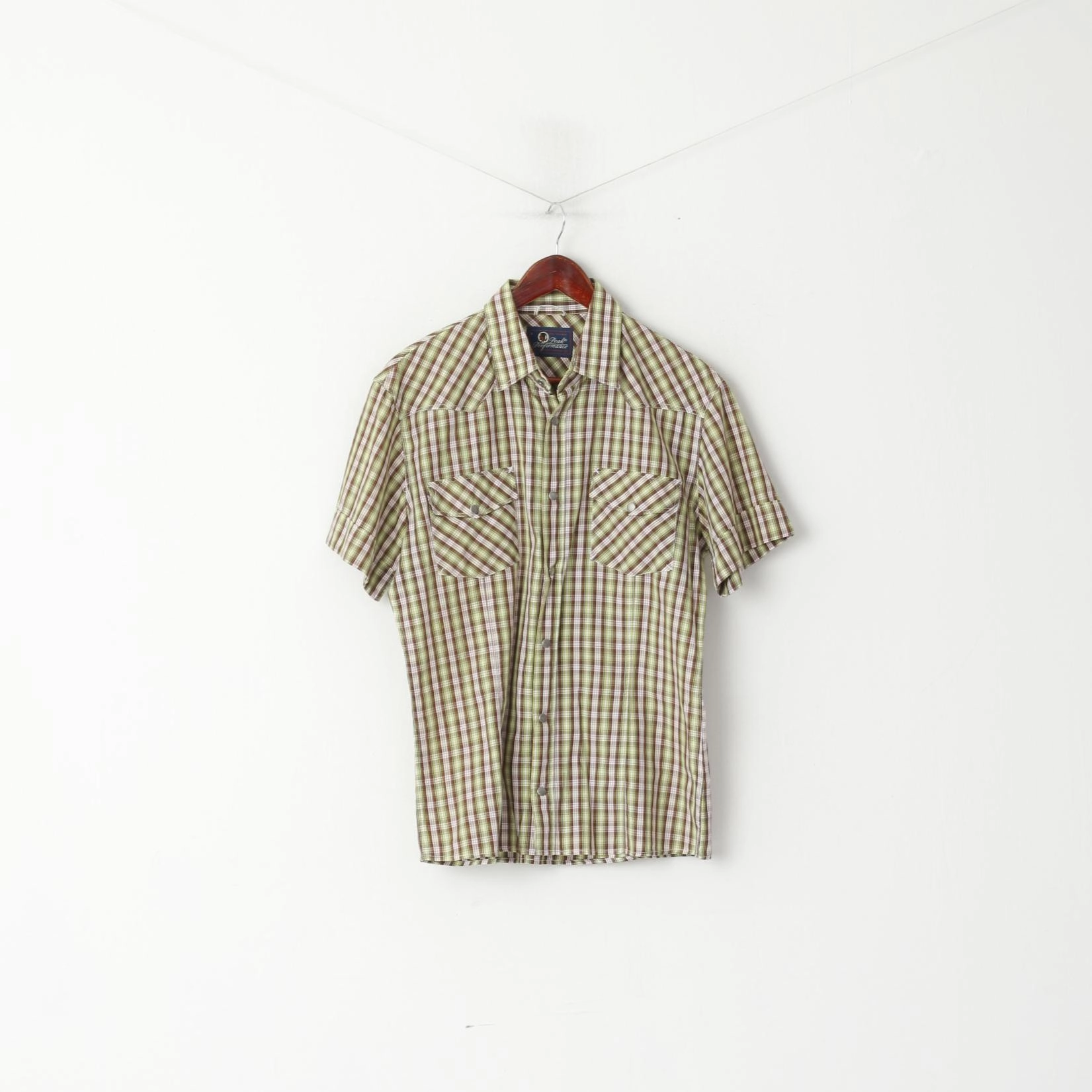 Peak Performance Men L (M) Casual Shirt Green Check Cotton Outdoor Short Sleeve Top Smooth Zipper Design