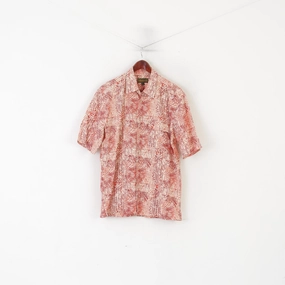 Floral Motif Timberland Men L Casual Shirt Orange Printed Cotton Outdoor Short Sleeve Top